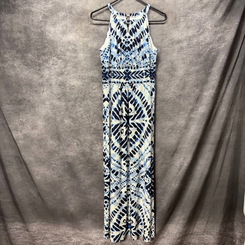 Chicos Diamond Tie Dye Maxi Dress Size 1 Blue White Sleeveless Kaleidoscope NWT